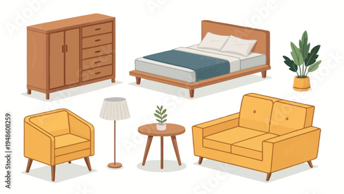 A collection of modern furniture including a bed, sofa, armchair, and dresser on a white background