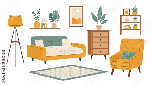 A colorful and modern living room interior with furniture and decor