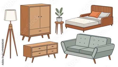 A collection of modern furniture including a bed, sofa, and dresser on a white background