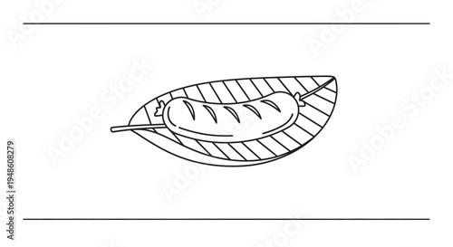 Hand-drawn illustration of a sausage on a skewer, presented on a leaf-shaped platter.