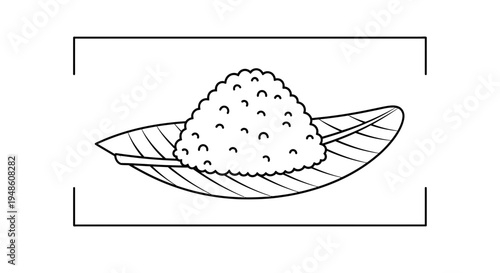 Hand-drawn illustration of a pile of rice on a banana leaf plate