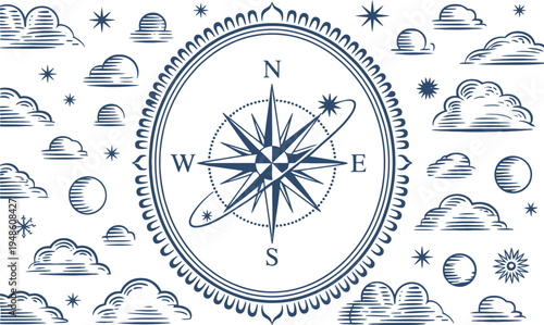 Vintage Compass Rose with Clouds and Stars in a Stylized Engraving Style