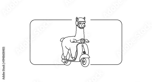 Funny llama riding a scooter wearing a helmet, cartoon style, isolated on white background