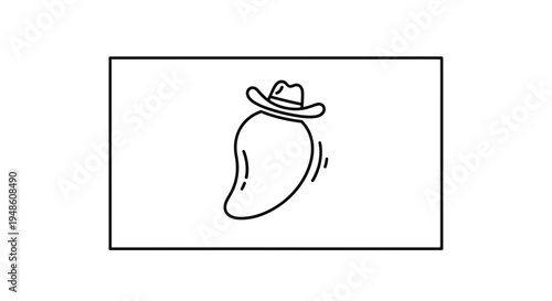 Funny Mango Wearing Cowboy Hat Icon, Minimalist Line Art, Tropical Fruit Character