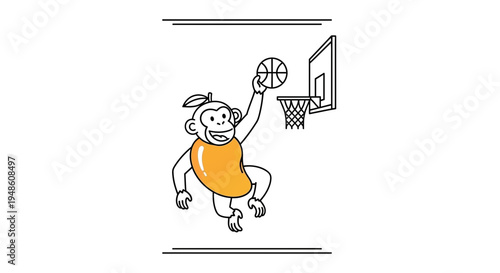 Funny Monkey Character Playing Basketball, Dunking a Ball, Cartoon Style