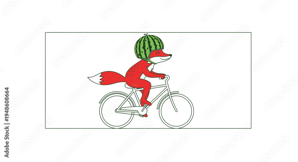 Fototapeta premium Funny Fox Riding Bicycle with Watermelon on Head
