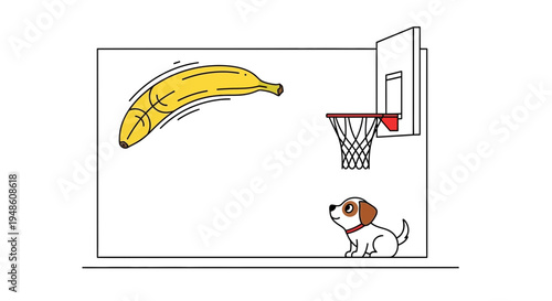 Funny dog watching banana slam dunk into basketball hoop