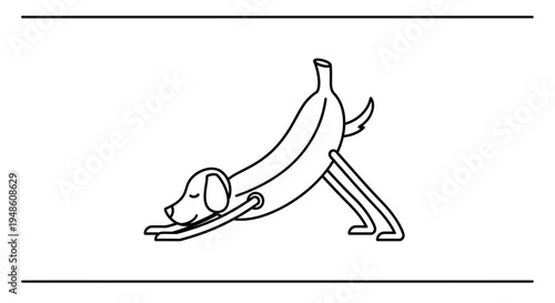 Funny dog-banana hybrid in yoga pose, downward-facing dog, creative illustration