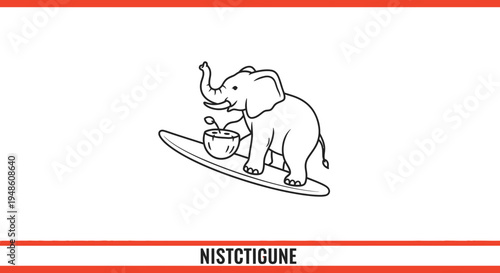 Funny Elephant Surfing on Coconut with Cocktail, Cartoon Style