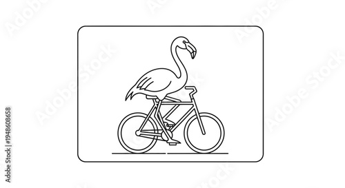 Funny Flamingo Riding a Bicycle, Minimalist Line Art Illustration