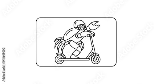 Funny crab wearing helmet riding electric scooter, cartoon style, isolated on white background