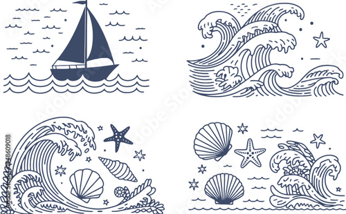 Nautical Line Sailboat, Waves, Seashells, and Starfish