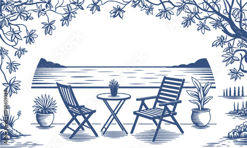 Serene Seaside Patio with Chairs and Table Under a Leafy Canopy