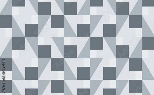 A modern seamless pattern featuring a repetitive mosaic of squares and triangles in a sophisticated monochrome palette of slate gray, silver, and light ash.