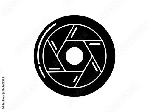 Black camera lens icon in a simple flat silhouette style.