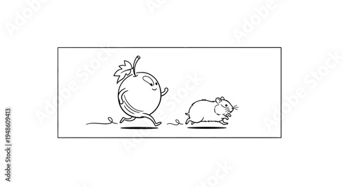 Funny cartoon apple and hamster running, black and white illustration