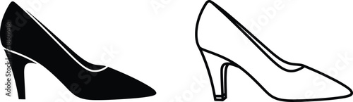 High Heel Shoe Silhouette and Outline Icon Set Vector