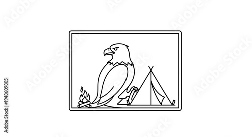 Eagle Camping Scene Line Art: Majestic Bird, Tent, and Campfire Illustration