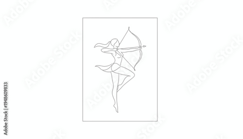 Elegant Archer Woman Line Art, Dynamic Pose, Minimalist Design