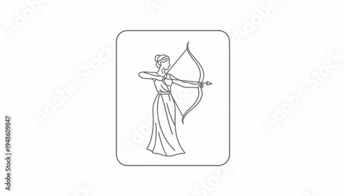 Elegant Woman Archer Drawing Bow Arrow, Goddess Diana Symbol, Minimalist Line Art Icon