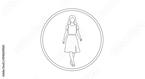 Elegant Woman in Dress Walking in Circle Frame, Minimalist Line Art Icon
