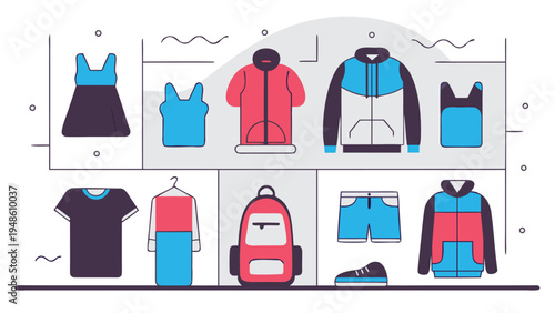 Geometric grid layout illustration containing diverse clothing items such as dresses and jackets in a color scheme of bright blue and coral.