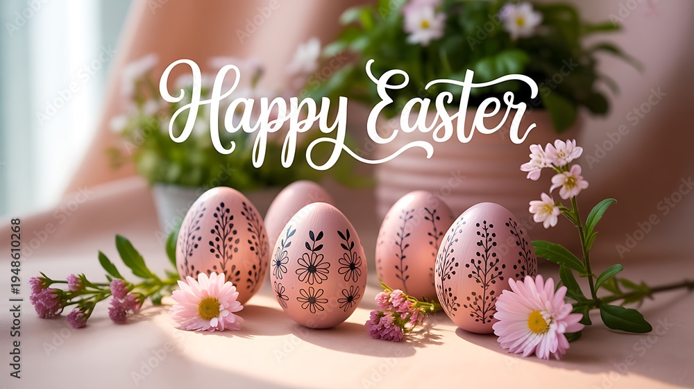Fototapeta premium Happy easter eggs decoration with flowers on festive spring background
