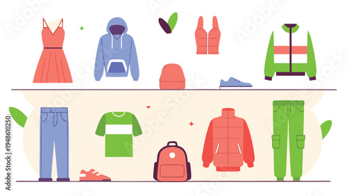 Vibrant flat vector illustration showing a variety of casual and outdoor clothing items like jeans and jackets arranged on two shelves with leaf decorations.