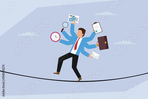 Multitasking Business Professional Balancing on a Tightrope 2d flat vector illustration