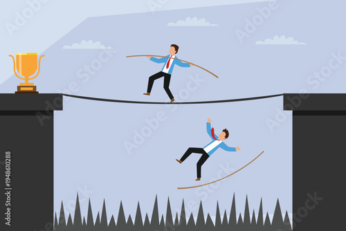 Business Risk and Competition: Tightrope Walk to Success 2d flat vector illustration