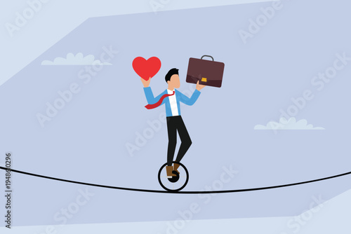 Work-Life Equilibrium: A Businessman Balancing Career and Personal Life on a Unicycle 2d flat vector illustration