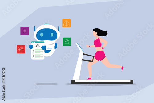 Digital Health Assistant Providing Personalized Diet Plan to Woman Running on Treadmill 2d flat vector illustration