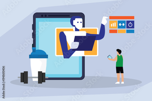 AI Virtual Fitness Trainer and Health Data Analysis Concept with Robot Assistant Guiding Athlete via Tablet and Gym Icons 2d flat vector illustration