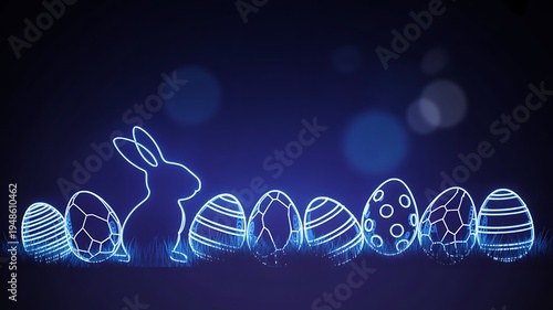 Neon easter eggs and bunny outline glowing on dark blue background