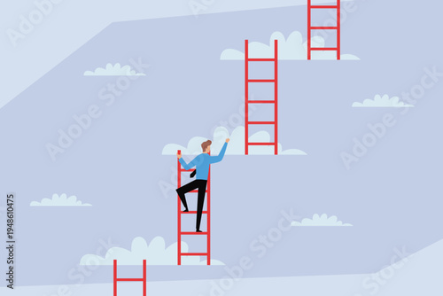 Businessperson Climbing Red Ladder Toward Clouds 2d flat vector illustration