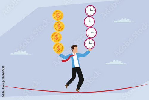 Business Balancing Time and Money on Tightrope 2d flat vector illustration