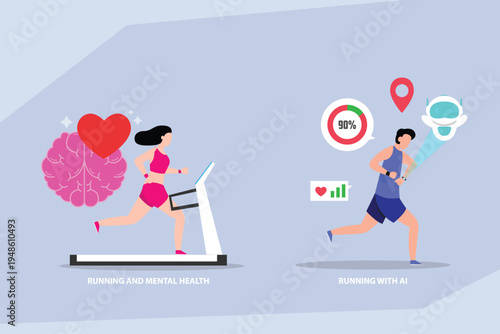 Woman running in nature for mental health and physical fitness 2d flat vector illustration