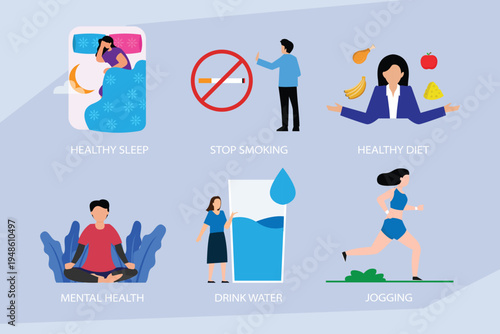 Healthy lifestyle choices and daily habits infographic 2d flat vector illustration