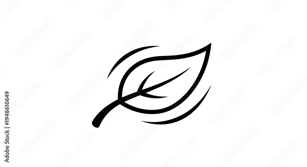 Fototapeta premium Minimalist black leaf icon with swirling lines on white background, nature symbol