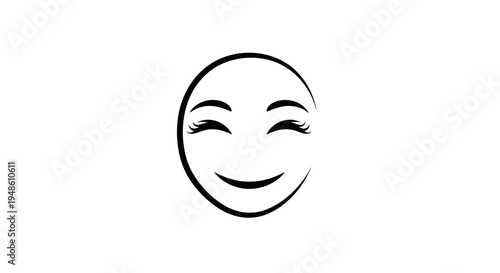 Minimalist Black and White Line Art of a Happy Face with Closed Eyes and Lashes