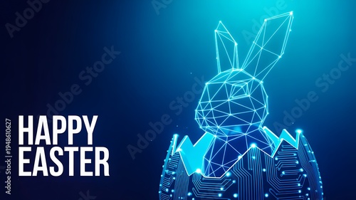 Digital polygon easter bunny with happy easter text futuristic technology concept
