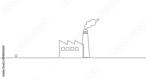 Minimalist factory building with smoking chimney, single line drawing, industrial pollution concept