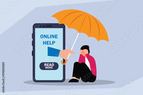 Digital Support Concept: Online Help Providing Protection and Comfort to a Distressed Person 2d flat vector illustration