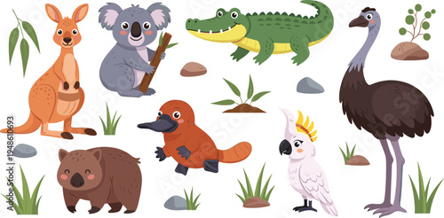 Cute Australian Animal Vector Set Featuring Kangaroo, Koala, Wombat, Platypus, Crocodile, Cockatoo, and Emu with Nature Elements for Kids Education and Design