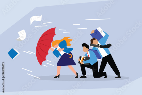 Business Challenges: Employees Struggling Against Strong Winds and Flying Documents 2d flat vector illustration