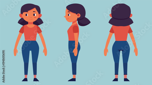 Character design turnaround showing a cartoon woman from the front side and back views wearing a simple red shirt and blue pants.