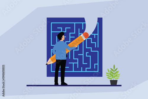 Businessman Erasing Complex Maze Problem with Large Pencil 2d flat vector illustration
