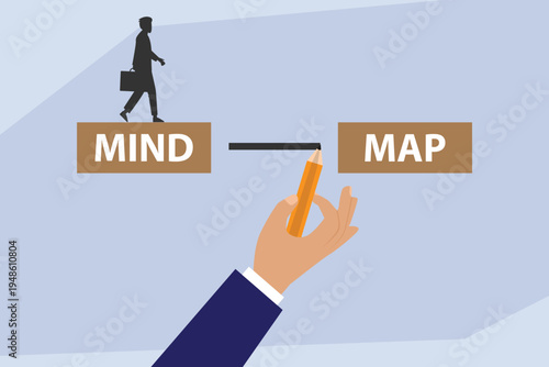 hand drawing a bridge to connect the words Mind and Map 2d flat vector illustration