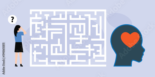 woman finding her way through a maze to reach a heart 2d flat vector illustration