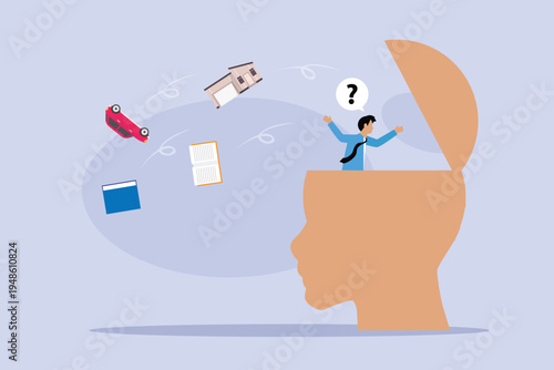 confused person with chaotic thoughts and memories 2d flat vector illustration